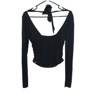 Y2K Coquette Black Open Back Going Out Top XXS Ruched Long Sleeve Balletcore